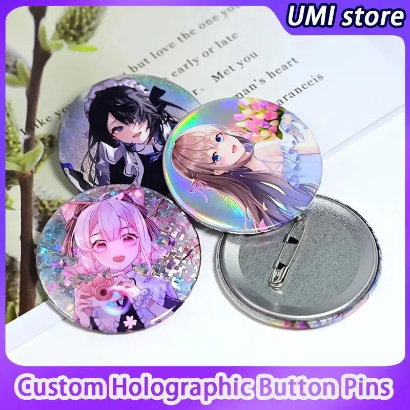 2026 new hot item Custom Round Badges Custom Glitter Holographic Button Pins Photo Text Graphic Personalize Tinplate Pins  Gifts for Kids