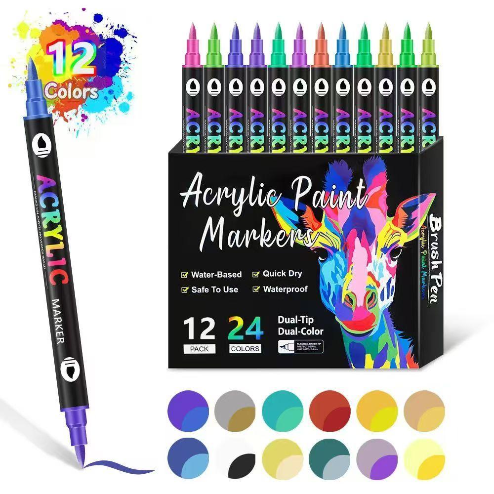 Acrylic Paint Marker Pen Set, 1 Set 12/24/36pcs Double Tip Double Color Quick Dry Waterproof Acrylic Paint Drawing Marker Pen, Crafts Art Supplies for Rock Painting, Wood, Canvas, Stone, Glass #GLOBAL PICKS