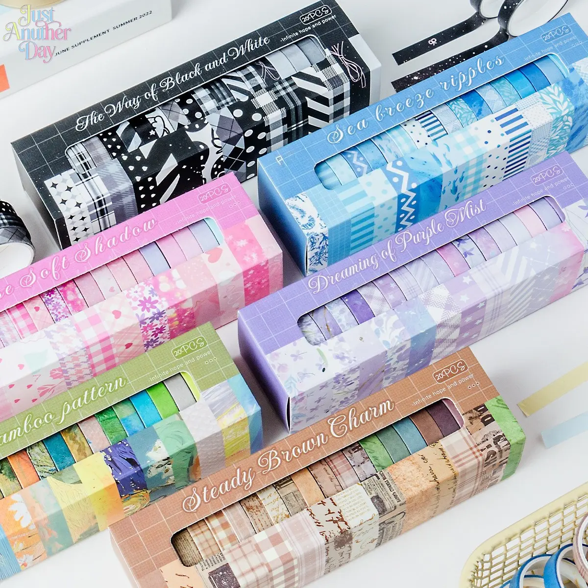 20 Rolls Light Shadow Stripe Washi Tape Box Set Vintage Floral Grid Plaid Decorative Masking Tape DIY Journal Scrapbook Divider Stickers Student Craft Stationery