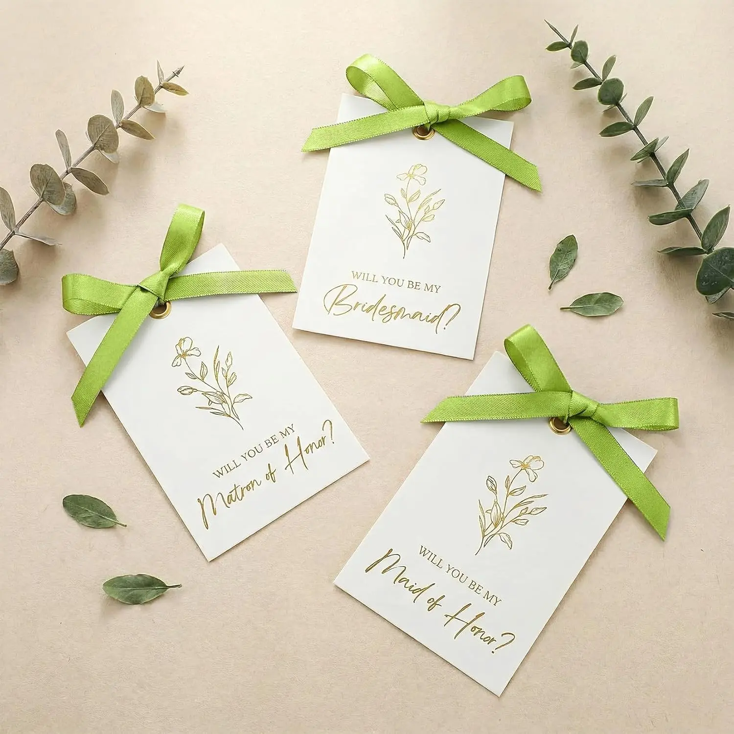11 Pcs Bridesmaid Proposal Cards with Ribbon Bow, 8 Will You Be My Bridesmaid, 2 Maid of Honor, 1 Matron of Honor for Bridal Wedding Party Bridesmaid Proposal Gift Ideas (Green, White)