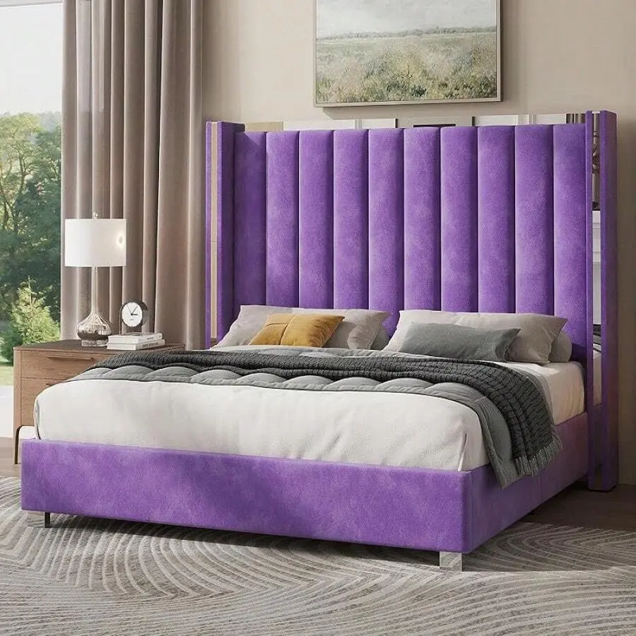 Queen Upholstered Soft Bed Frame - Sturdy, Elegant 58" Channel Tufted Velvet Headboard with Silver Metal Plating Trim, Silent Platform, No Box Spring Needed, Assembly Required, Upholstered Soft Bedframe, Modern Upholstered Bed