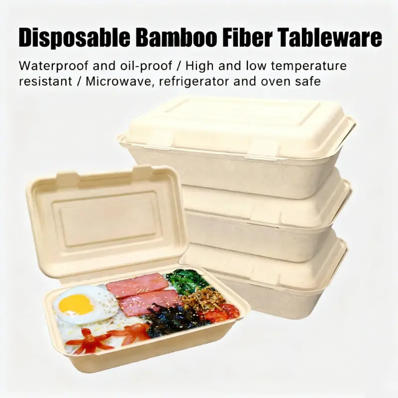 Rui Bamboo 20 & 50 Pcs 900ml (30 Oz) Disposable Clamshell Containers with Lids, Bamboo Fiber Takeout Food Boxes Bulk Party Supplies for Hot & Cold Meals, Lunch To Go (30 OZ)