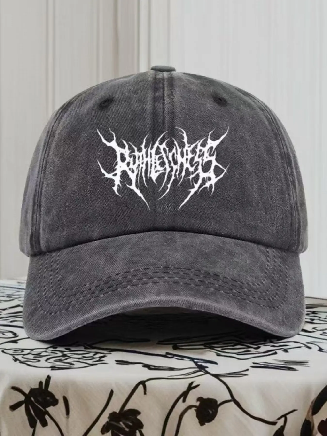 Gothic Graffiti Embroidered Baseball Hat for Men and Women, Casual Street Style, Fitted, All Seasons, Perfect for Daily and Outdoor Wear, Embroidered Fitted Cap
