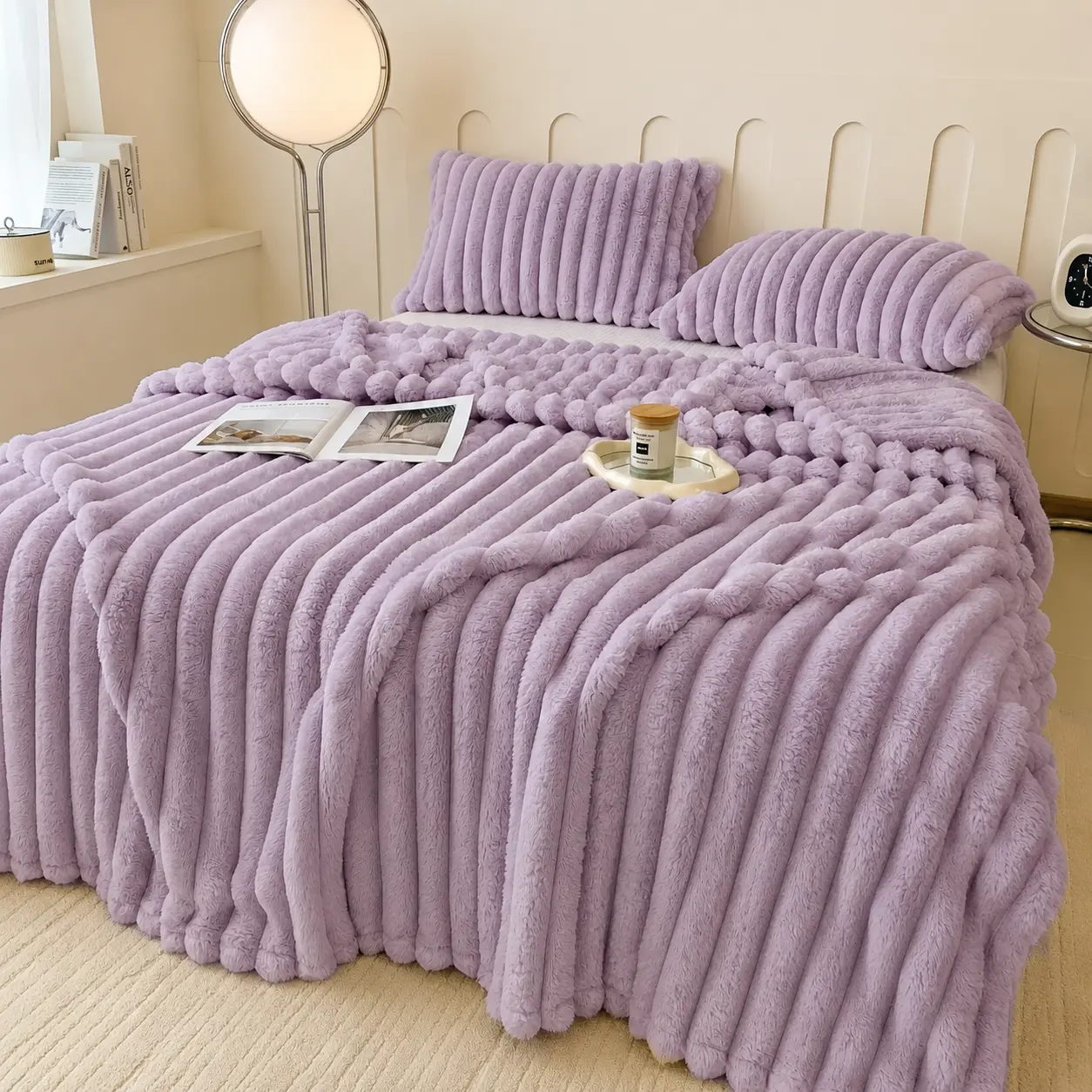 [Summer Sale Deals]Lavender Plush Ribbed Throw Blanket for Bed and Couch, Fuzzy Textured Blanket in Soft Purple, Cozy Bedroom Bedding Layer, Decorative Sofa Throw, Cute Room Decor Accent for Dorm, Apartment, Living Room, Gifts, Winter, Movie Nights and Ev