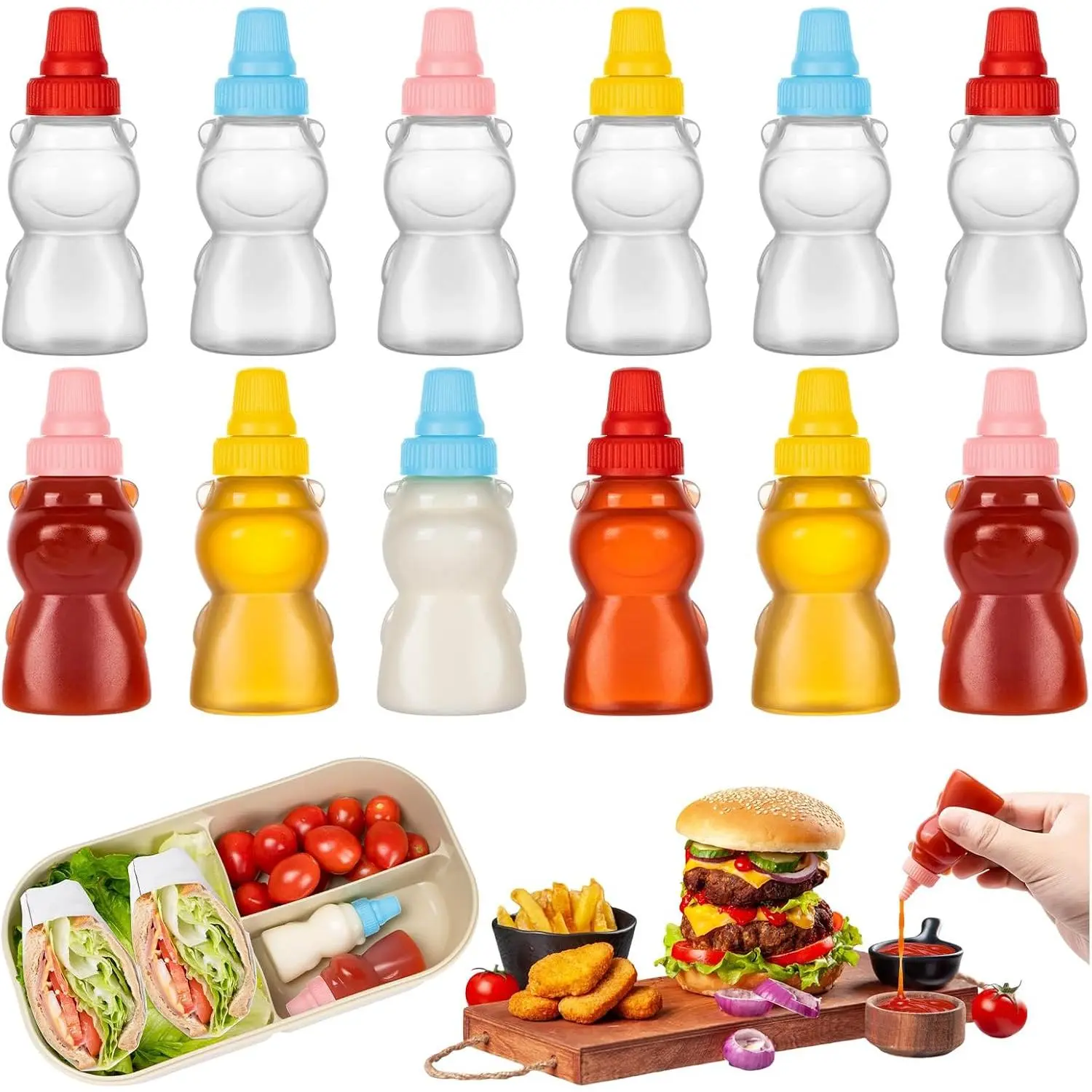 12 count Mini Condiment Squeeze Bottles, Small Sauce Containers for Lunch Box | 25ml Small Ketchup Mustard Bottle for