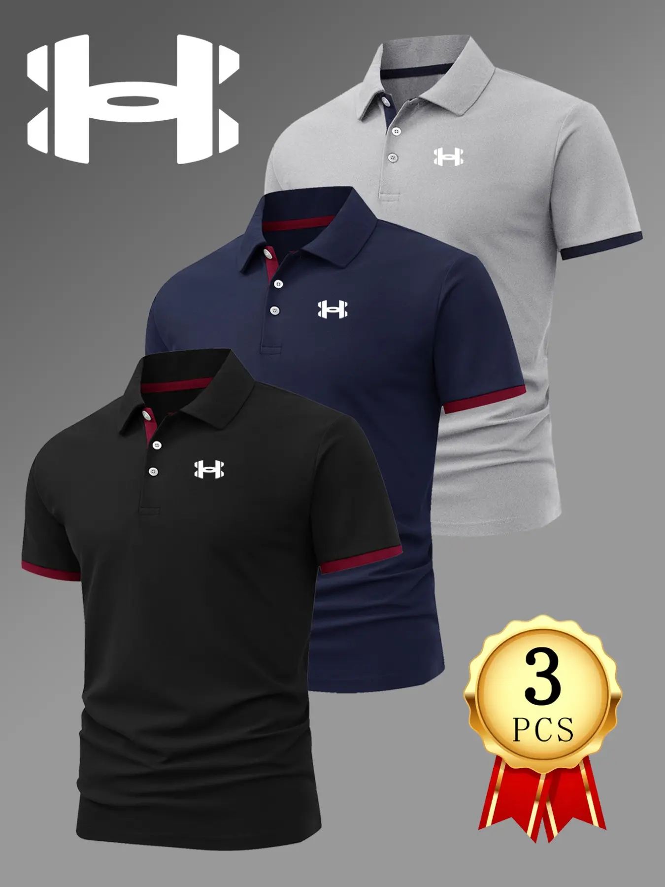 Men's Golf Polo Shirt Set, Geometric Print, Stretchy Casual Breathable, All Seasons Comfortable High-End Collared Shirts, 3-Pack