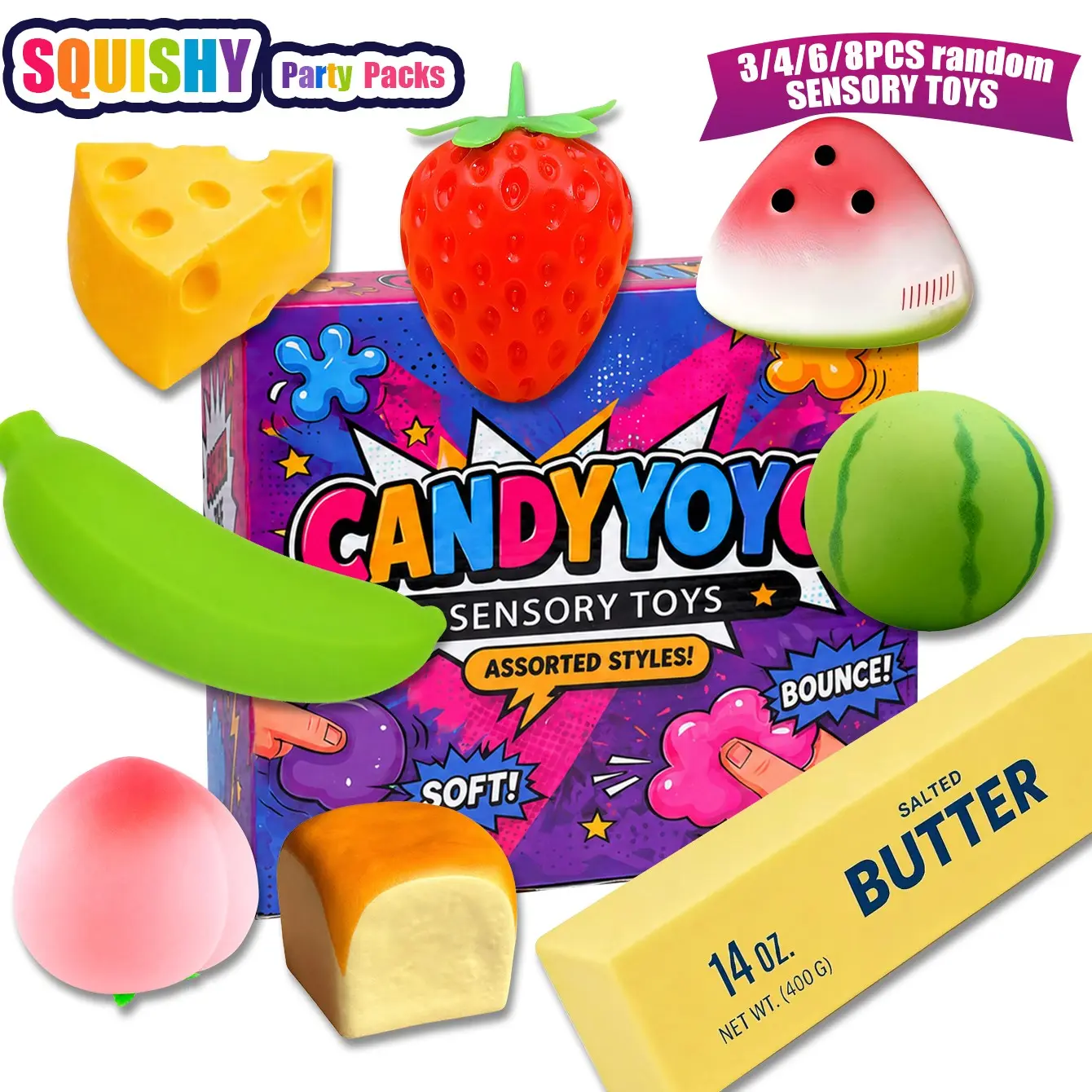 3/4/6/8 Piece Stress Relief Fun Toy Set, Squeezable Sensory Combo Pack, Cheese Strawberry Banana Butter Stick Watermelon Peach Toys, Kids Party Gift