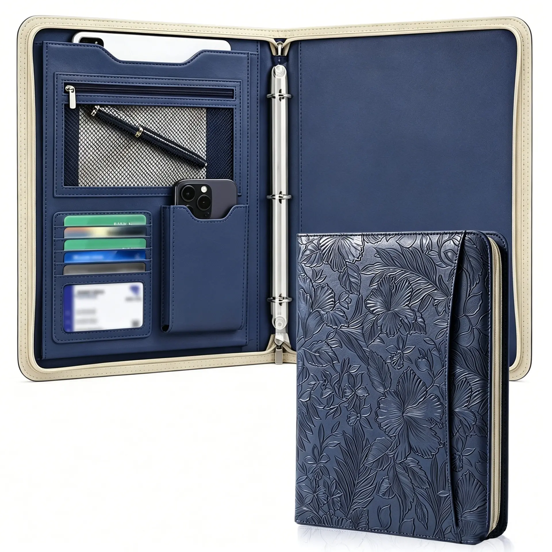 Premium Embossed PU Leather Zipper Manager Padfolio, A4 3-Ring Binder Executive Portfolio Folder, Multi Slot Business Document Organizer with ID Window, Card Slots & Tablet Sleeve, Professional Sales Presentation Folder for Executives, Salesmen, Job Inter
