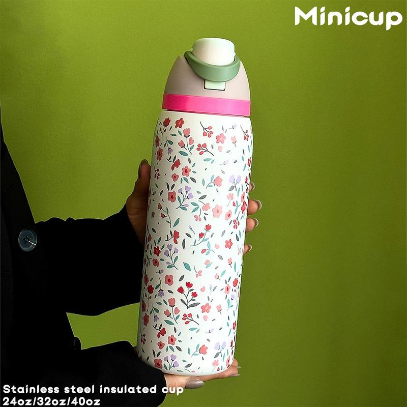 Floral Pattern Stainless Steel Vacuum Flask, 1 Count 24oz-32oz-40oz Water Bottle with Straw, Stainless Steel Thermos, Drinking Cup for Home Office School Outdoor, Portable Drinkware, Insulated Mug, Leakproof Insulated Tumbler