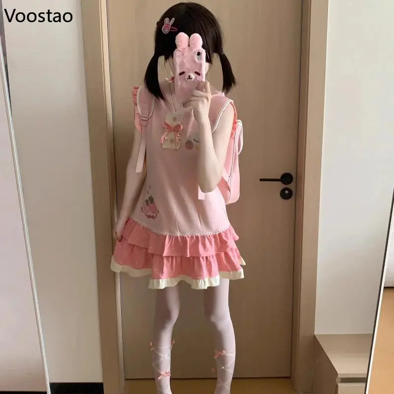 Japanese Kawaii Lolita Style Dress Women Sweet Strawberry Embroidery Rabbit Ear Hooded Princess Dress Y2k Cute Party Mini Dress