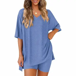 V Neck 2 Piece Sets for Women Summer Lounge Short Set Spring Matching Biker Shorts Oversized Shirt