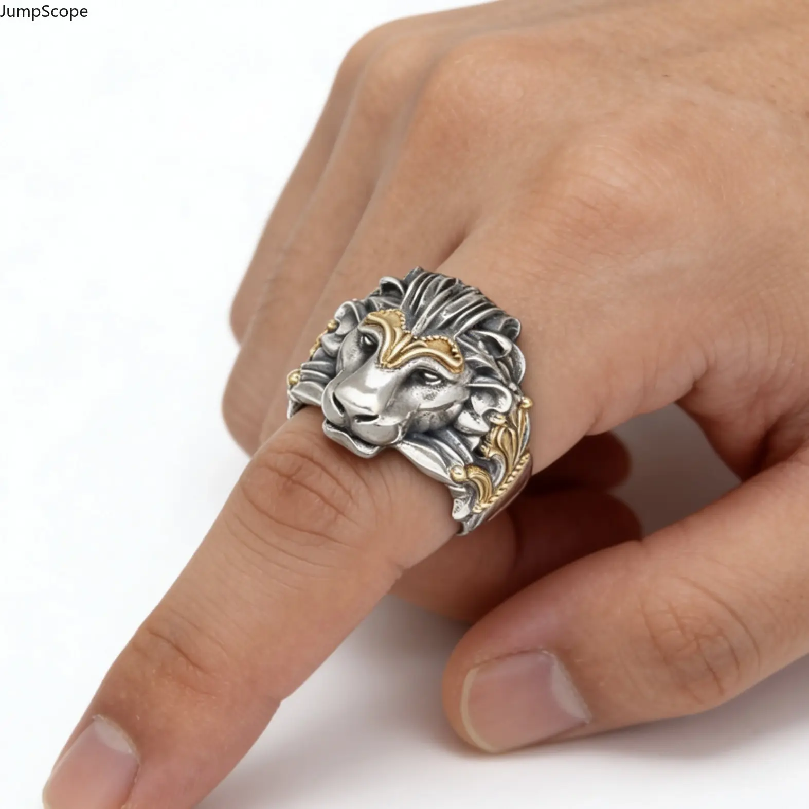 Two-Tone Silver Gold Plated 3D Lion Head Signet Ring For Men, Vintage Relief Scroll Floral Wide Statement Band For Retro Street Birthday Father’s Day Gift For Him