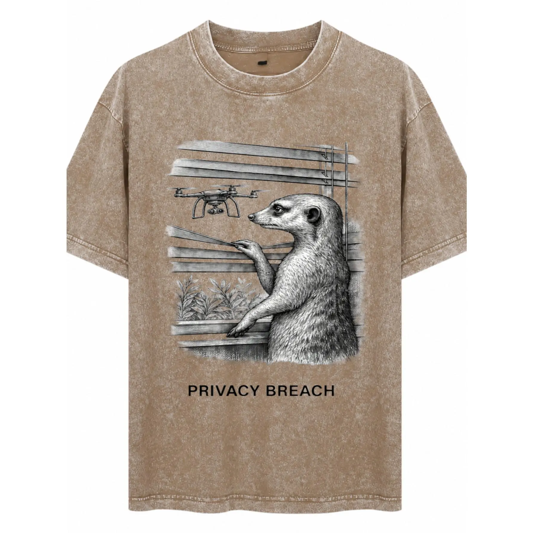 Streetwear Style, Heavyweight Unisex Acid Wash Cotton T-Shirt, Meerkat With Drone Privacy Breach Graphic, Screen Printed Design, Casual Urban Wear For Men And Women