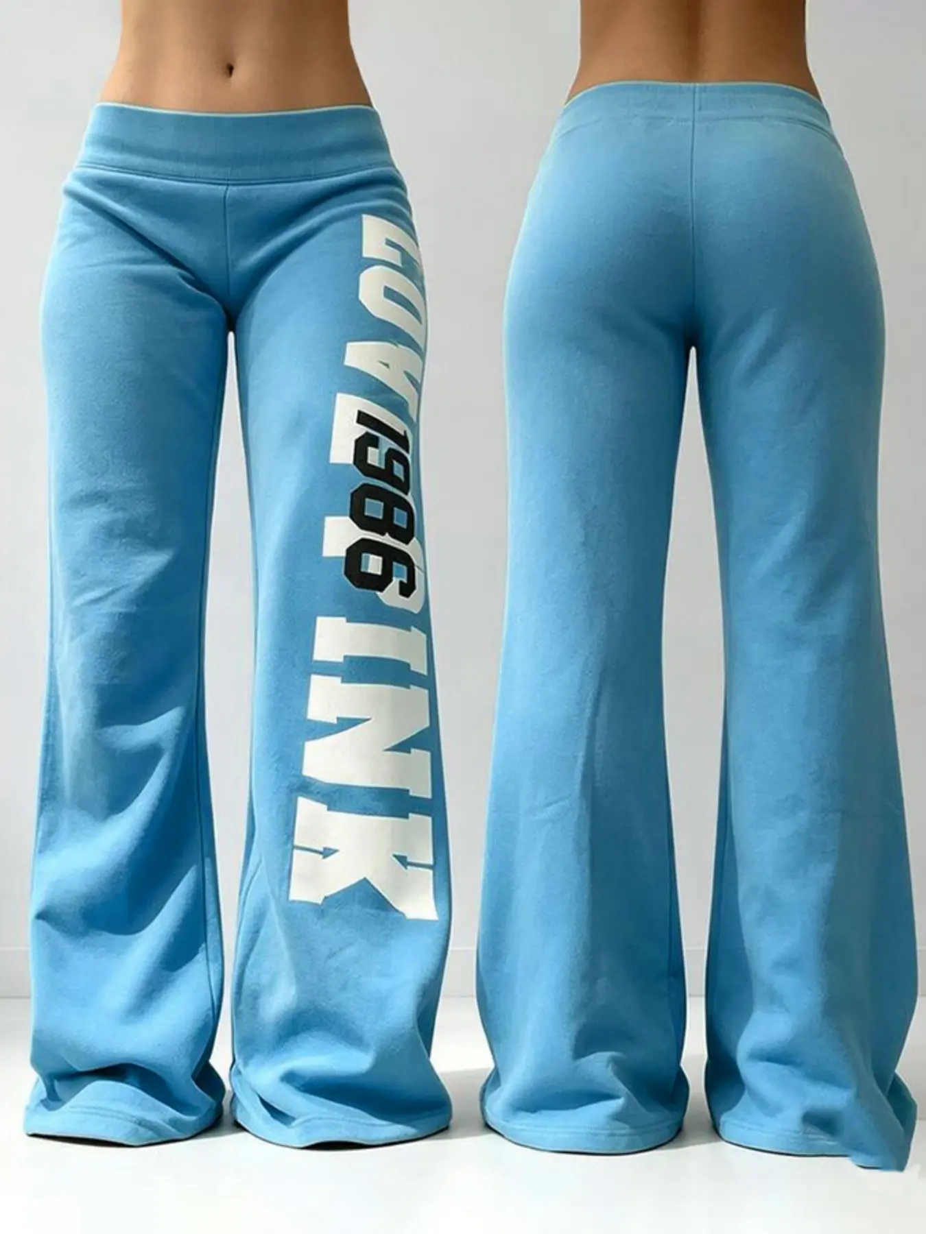 Women Light Blue Letter Graphic Print Elastic High Waist Flared Sweatpants, Y2K Casual Wide Leg Bootcut Trousers