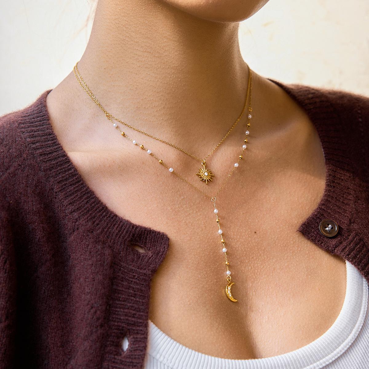 Sun & Moon Pendant Necklace, Double Layer Pearl Choker, Anti-Tarnish