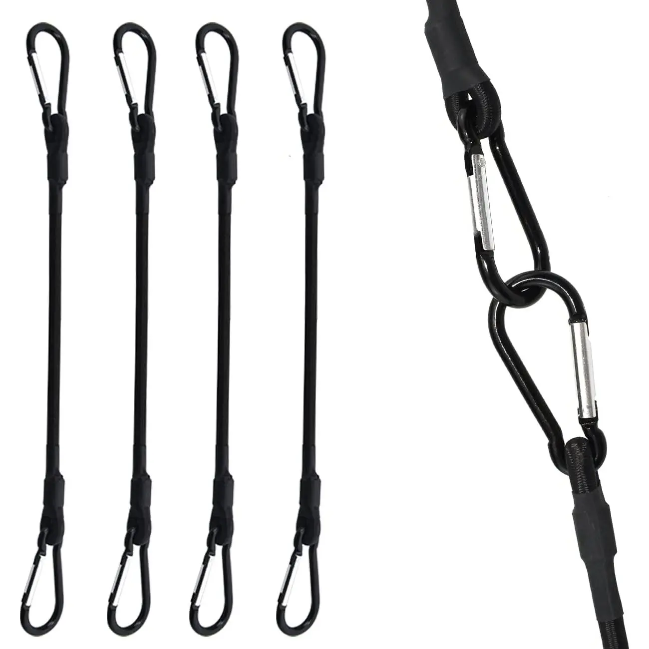 60 Inch Bungee Cord with Carabiner Hook | 4 Pack  Latex Heavy Duty Straps  Elastic Rope Locks onto Anchor Points of Luggage Rack/Cargo/Camping/RV/Hand Carts etc.