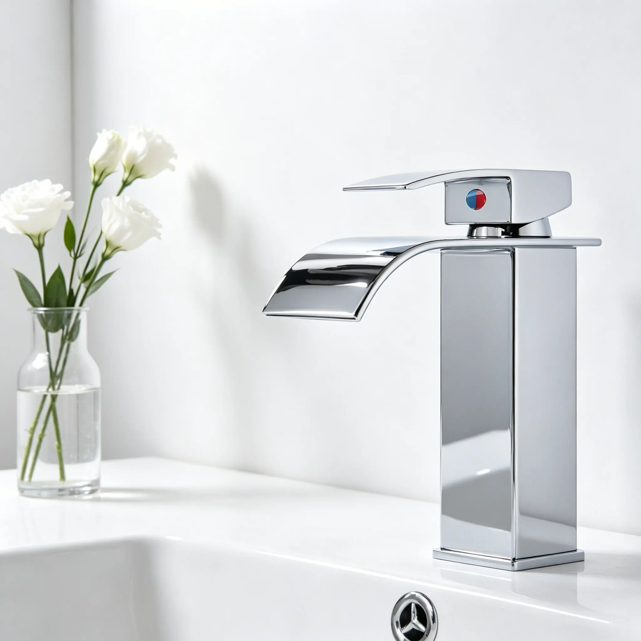 Chrome Waterfall Bathroom Sink Faucet Single Handle Single Hole Vanity Basin Tap Modern Rectangular Lavatory Mixer Tap for Bathroom Vanity Cabinet