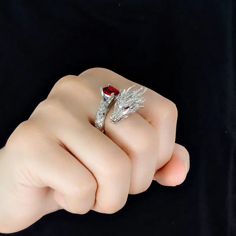Men's Fashion Dragon Ring, Auspicious Chinese Totem Band with Artificial Gemstone Inlay, Ideal Birthday or Anniversary Gift, Artificial Gemstone Ring, Male, Fashion Rings