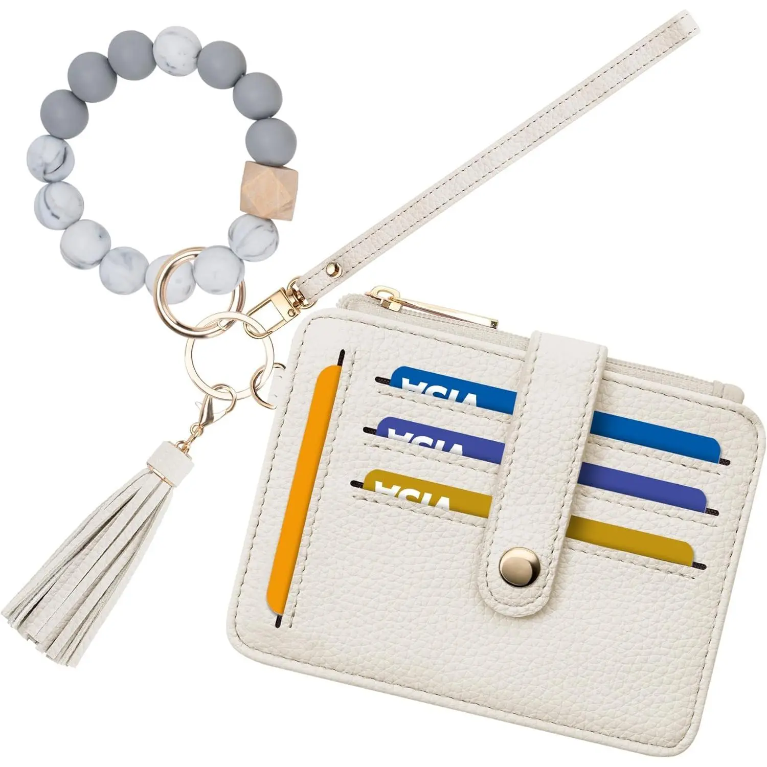 Airkit Wristlet Wallets for Women, Keychain RFID Blocking Credit Card Holder, Small Girly Wallet with Bracelet, Silicone Beaded Tassel Key Ring Card Holder