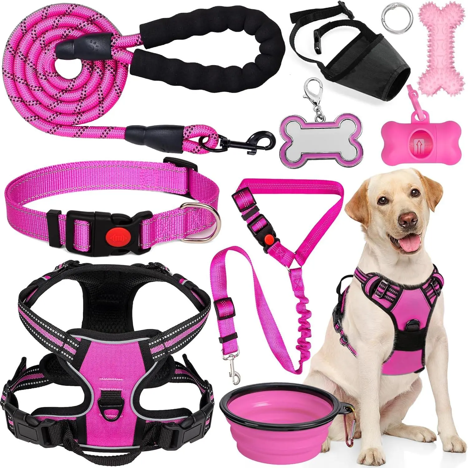 No Pull Dog Harness, Adjustable Collar & Leash Set with Collapsible Bowls, Poop Bag Dispenser, Muzzle, ID Tags, Toys for Small Medium Large Dogs (Pink-L), All-In-One, Nylon Webbing
