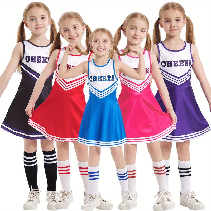 Plus Size Flyer Cheer Children'S Cheerleading Uniform Set, Kindergarten Girls' Cheerleading Uniforms, Stage Performance And Campus Cheerleading Uniforms, Including Socks And Pom-Poms, Ideal For Outdoor Activities