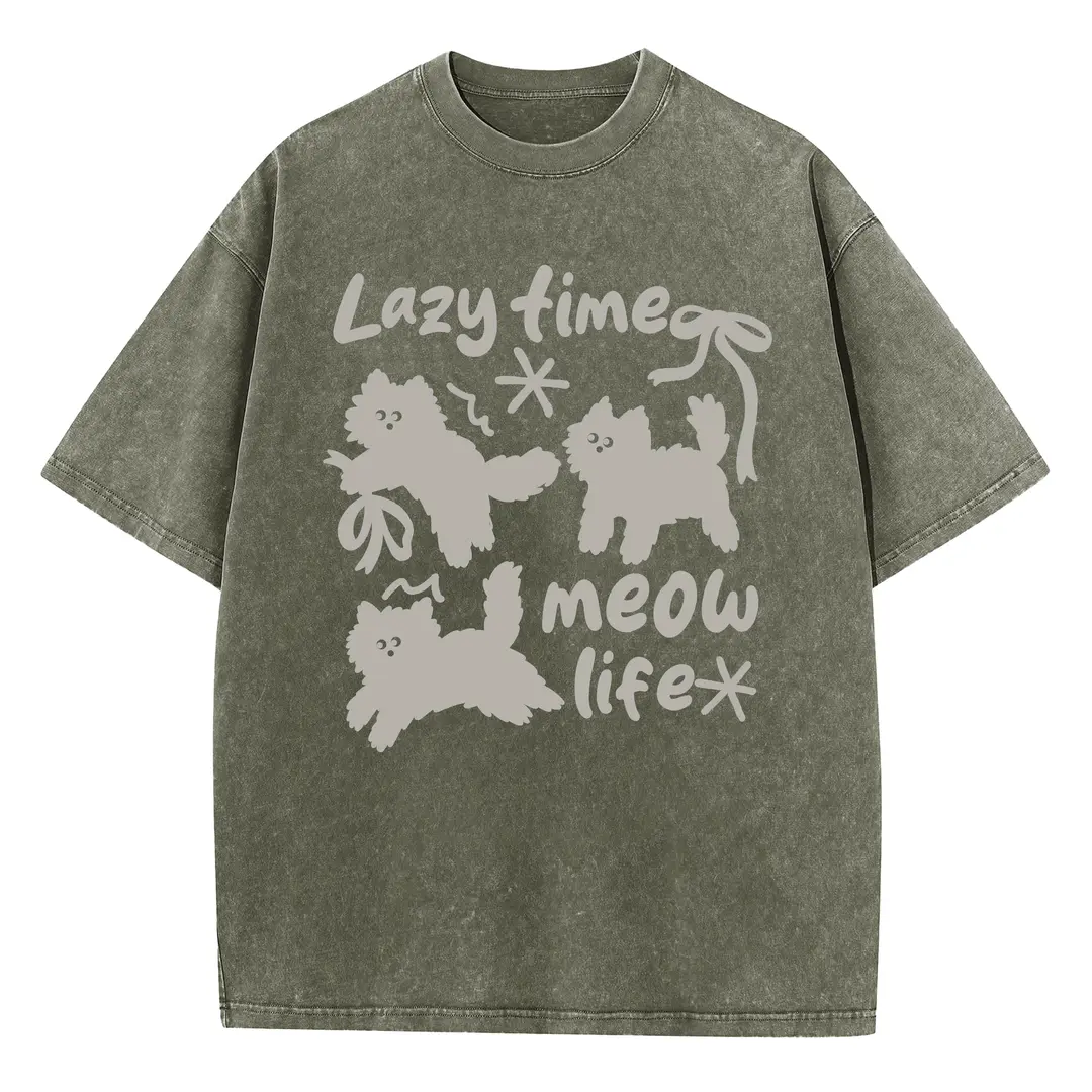 Digitex Unisex Acid Wash T-Shirt Heavyweight Cotton Crew Neck Short Sleeve Lazy Time Meow Life Sketch Kitten Bow Star Print Retro 90s Casual Skate Street Tee For Men Women