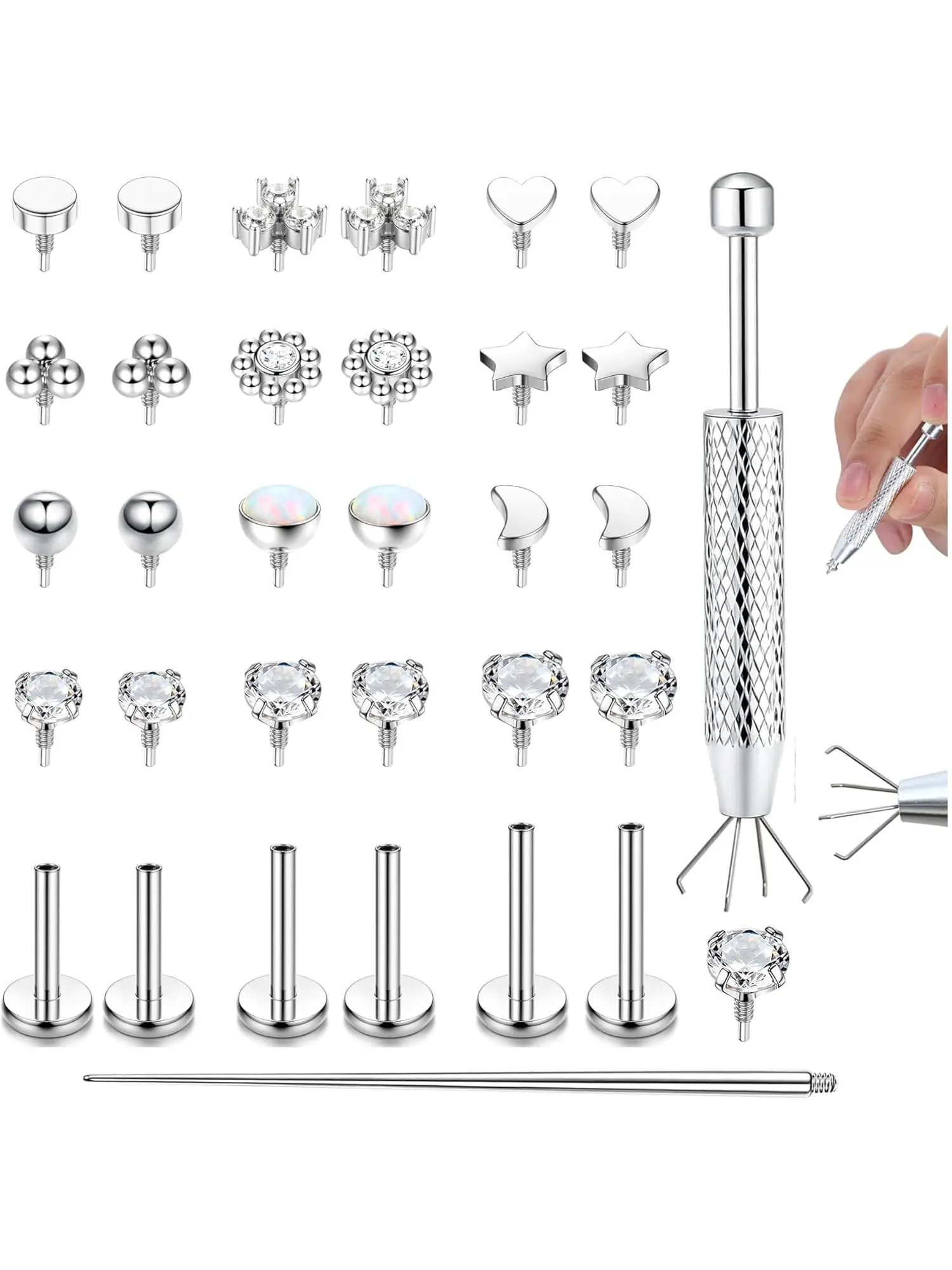 16G & 18G Hypoallergenic 316L Surgical Steel Multi-Piercing Jewelry Set, Internally Threaded Flat Back Labret Studs & Lip Bars, 6/8/10MM Length Nose, Helix, Conch & Cartilage Piercing Earrings for Daily & Festival Wear