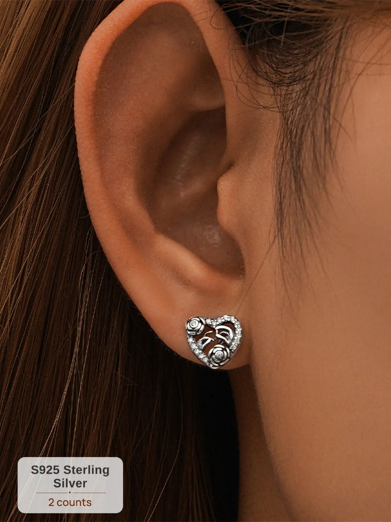 1 Pair Vintage S925 Sterling Silver Stud Earrings, Gothic Victorian Rose Flower Holding Hands Love Heart CZ Inlaid Studs, Hypoallergenic Romantic Talisman Jewelry Trendy Gift for Her