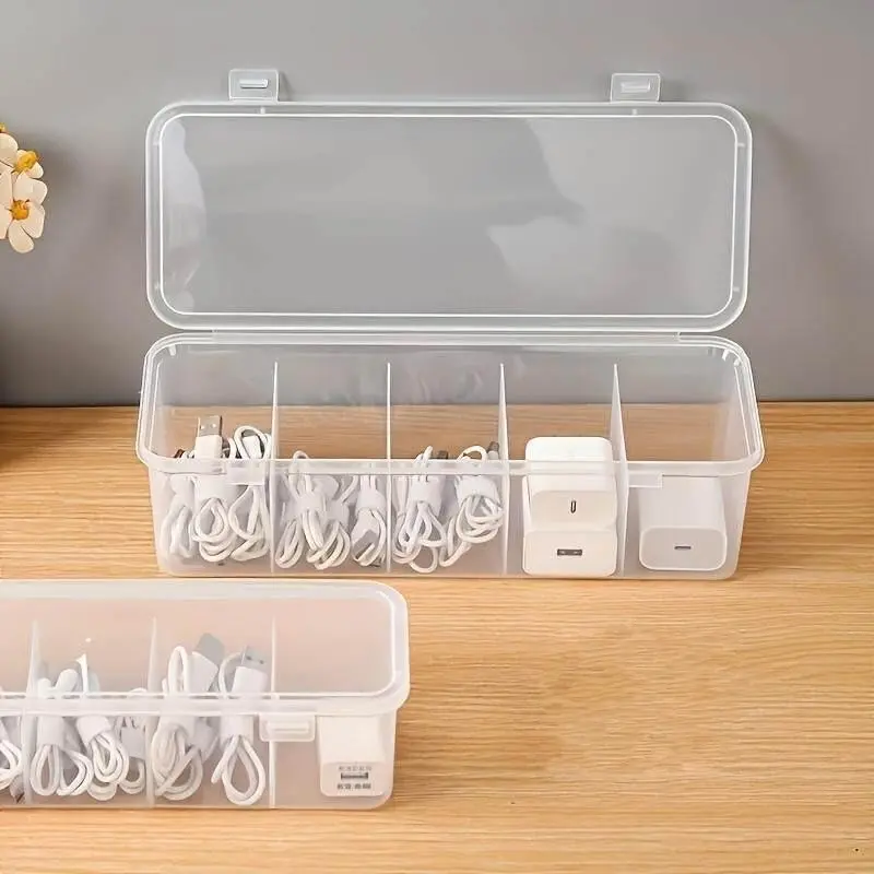 Transparent Plastic Cable Organizer Box, Dust-Proof Multi Compartment Wire Management, Desktop Cord Storage Container, Data Cables, Chargers, Earphones