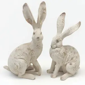 Easter Bunny Decorations Set of 2, 10 Inch Distressed Resin Rabbit Figurines, Spring Home Decor for Outdoor, Yard, Garden, Table,Farmhouse & Rustic Bunny Statues Decor Gifts