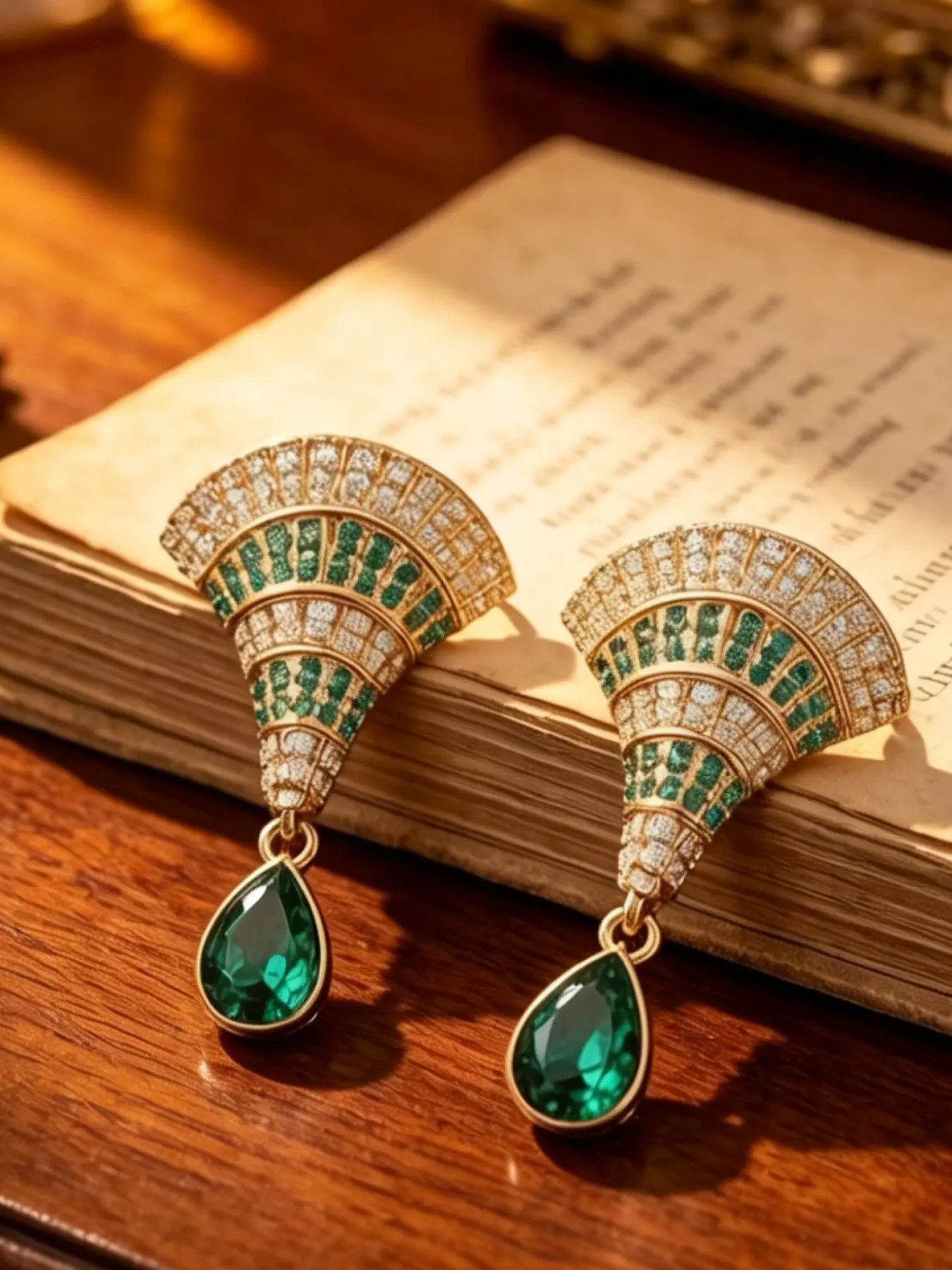 A pair of light luxury fan shaped diamond encrusted grandmother green water droplet pendant earrings, with a hanging design that exudes a noble and dynamic atmosphere, suitable for various scenarios such as daily commuting, dates, and dinners.