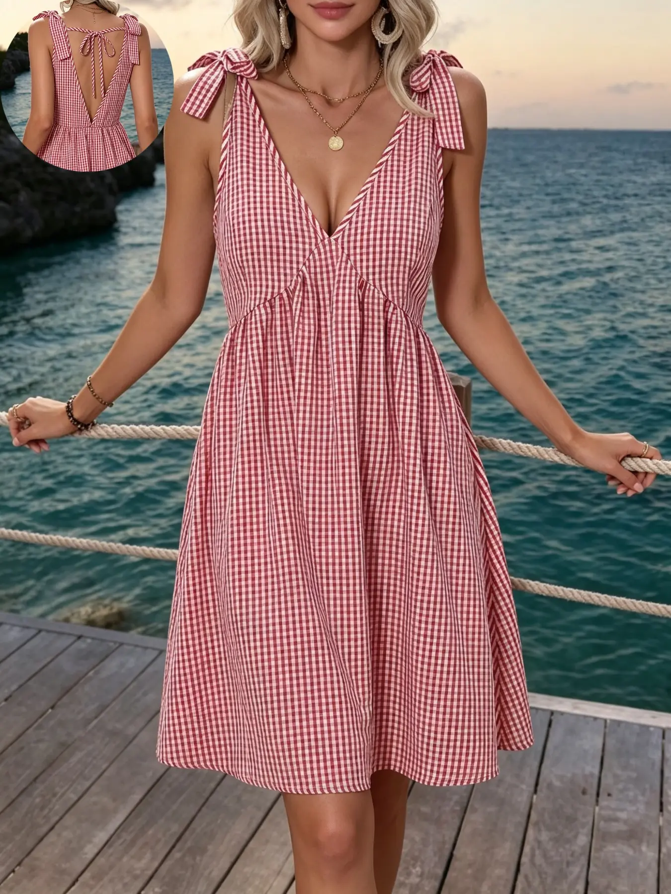 Summer Plaid Dress for Women, Beach Summer Sundress, V Neck Tie Back Sleeveless Short Dress, Fitted a Line Slimming Dress, Casual Fashion Style