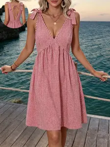 Summer Plaid Dress for Women, Beach Summer Dress, V Neck Tie Back Sleeveless Short Dress, Fitted a Line Slimming Dress, Casual Fashion Style