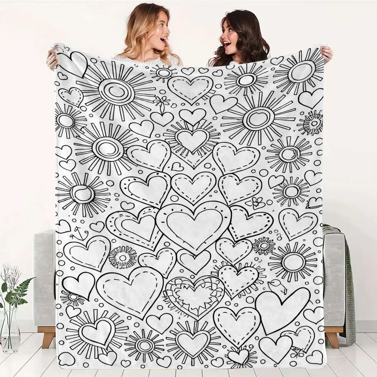 DIY Coloring Blanket Suitable For All Ages - Flannel Throw With Black & White Line Art Hearts & Suns, Portable For Home, Camping & Travel -  & Coloring Book Gift, Creative Activity For Birthdays, Valentines, Anniversaries