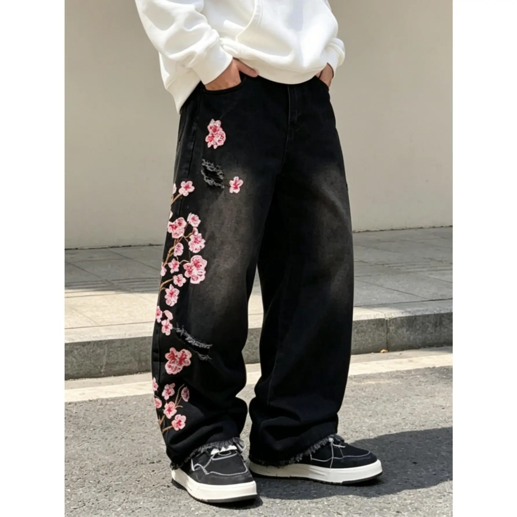 Men's Jeans - Streetwear Ripped Wide Leg Denim with Cherry Blossom Embroidery, Casual Washed Black Cotton Pants, Menswear, Fashion Apparel, Male Clothing, Slim Fit, Casual Wear, Ripped Look, Cherry Embroidery