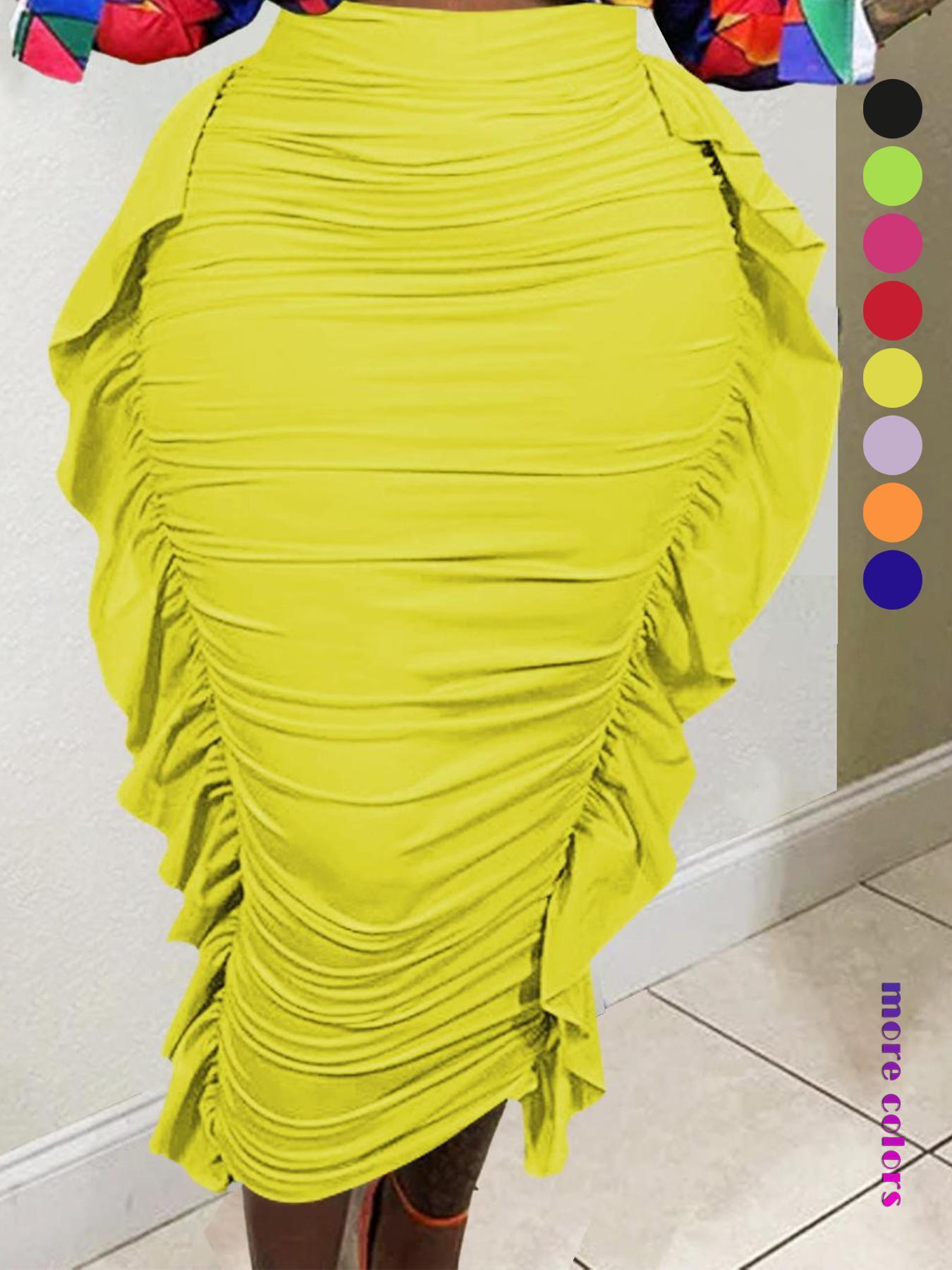 Women's Plain Ruched Ruffle Trim Bodycon Skirt, Casual Fashion High Waist Midi Skirt for Daily Outdoor Wear, Women's Bottoms for Spring & Fall