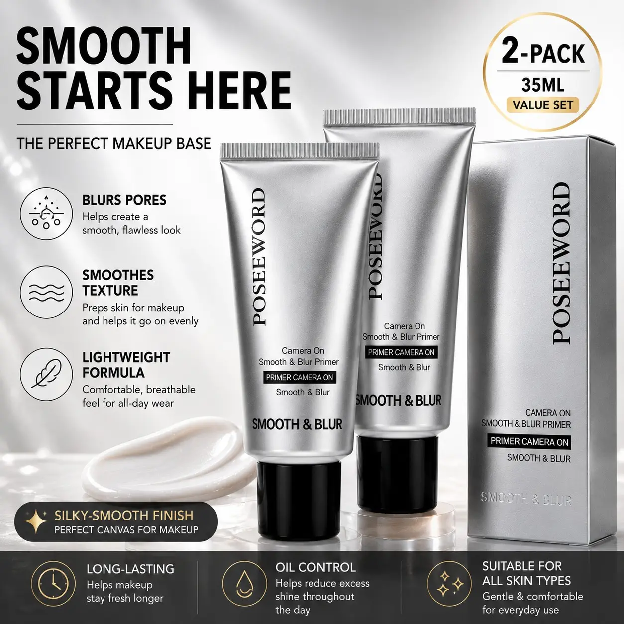 2-Pack 35ML Poseeword Blurring & Smooth Primer, Gentle Lightweight Cosmetic Base, Natural Everyday Look, Flawless Face Makeup, Suitable for All Skin Types