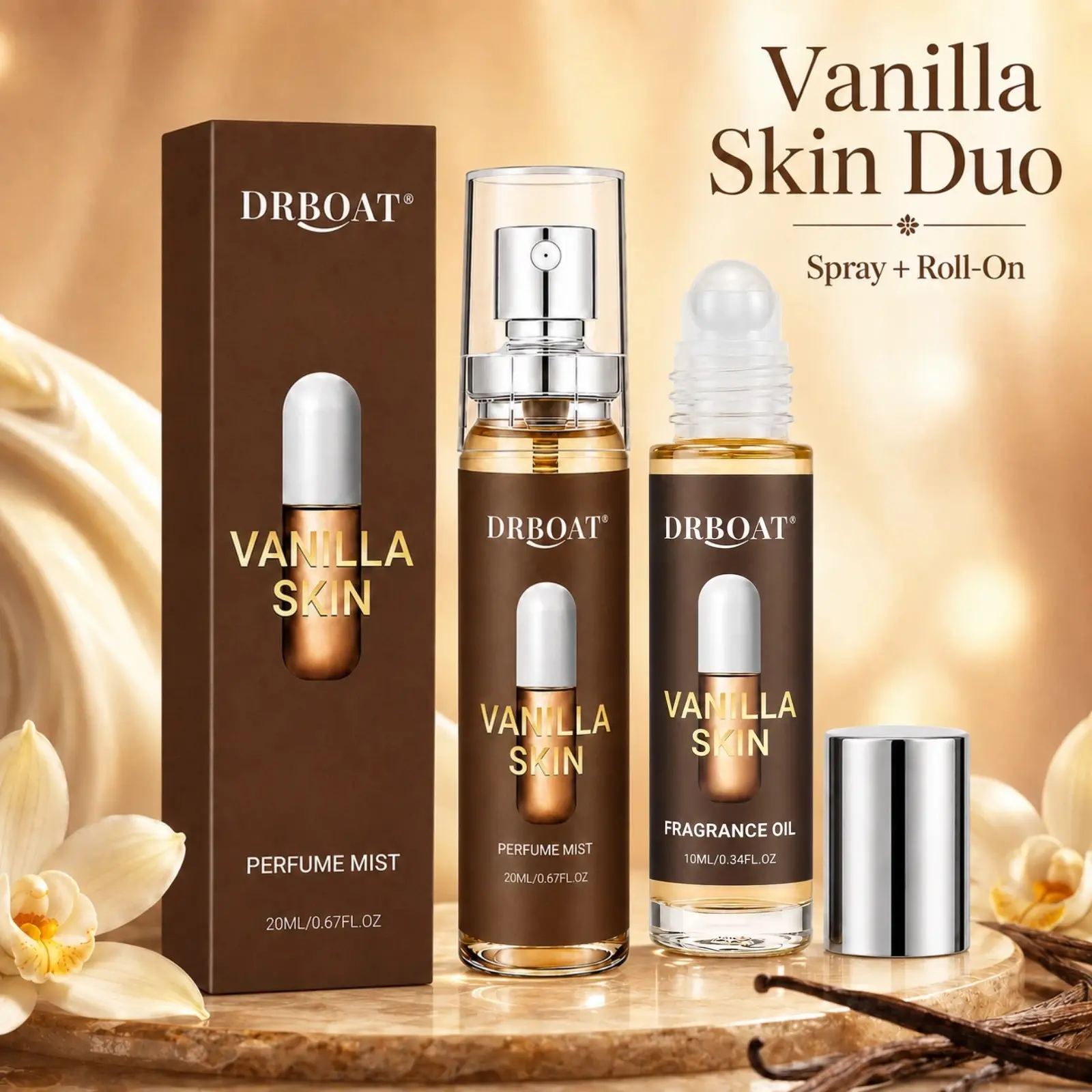 Vanilla Skin Body Mist Perfume Set - Hair and Body Subtle Pheromone for Women | with 10 Roll-On & 20 ml Spray | Vanilla Perfume Body Spray with Pink Pepper, Cashmere Wood & Sandalwood Fragrance for Dating, Traveling or Home Bathroom Use.