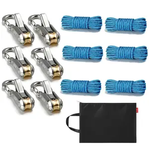 6-Piece Roller Rope Tightener Set, Rope Fasteners for Camping, Tent, Boats, Outdoor Gear, Includes Reflective Ropes & Storage Bag