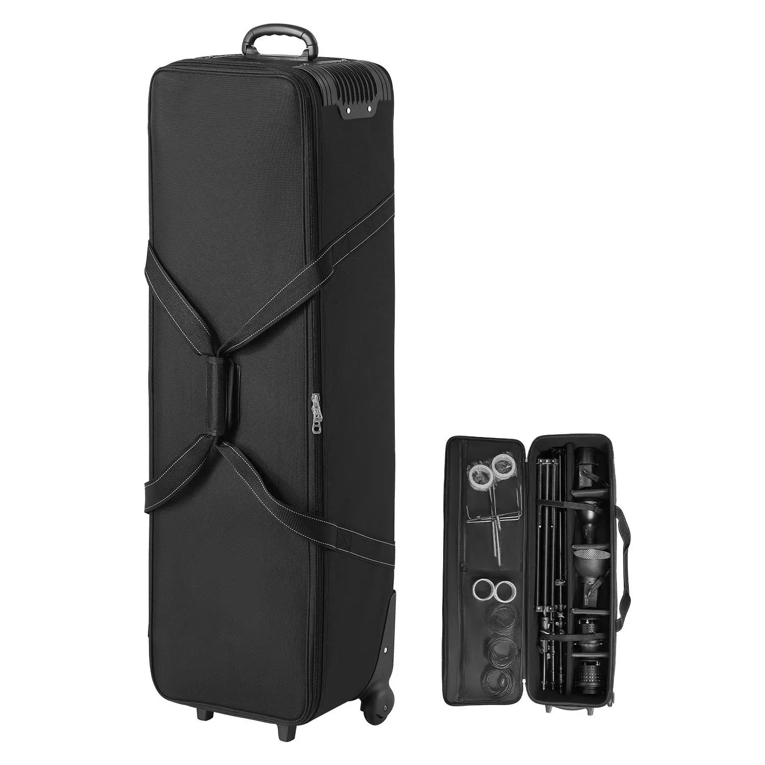 VEVOR Studio Equipment Trolley Case, 46.46x 14.57x 11.81 in/ 118x 37x 30 cm, Rolling Camera Bag, Carrying Bag with Wheels Straps Padded Compartment Handle, for Light Stands, Tripods, Telescopes