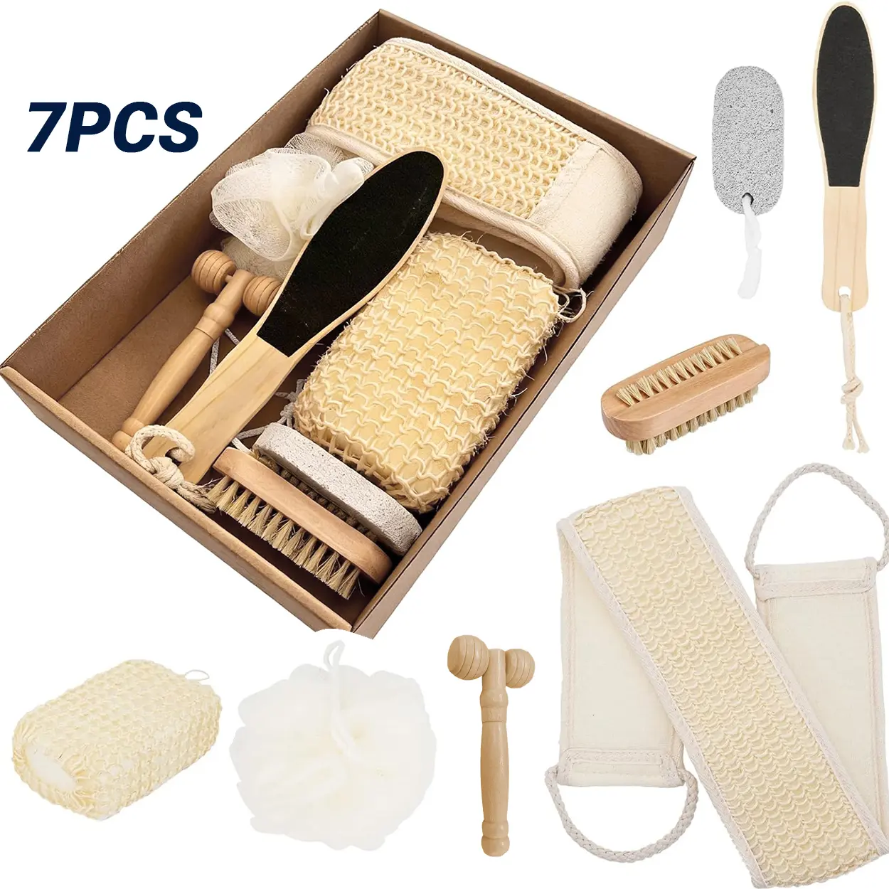 7PCS Bath Spa Gift Set, Bathroom Accessory Set for Women and Men, Shower Accessories Kit with Exfoliating Body Brush, Loofah Bath Sponge, Foot Scrubber Stone, Home Spa Essentials for Daily Shower, Relaxation, Skin Care Routine and Holiday Gift Giving