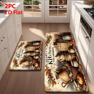 2/3PCS Flannel Kitchen Mat Set, Vintage Fall Design, Non-Slip, Absorbent, Ideal for Bathroom, Laundry Room, Hallway