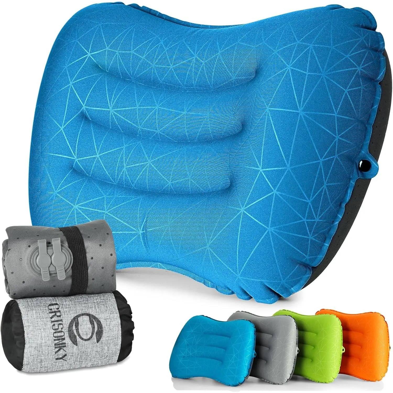 Crisonky Camping Pillow - Inflatable Pillow - Travel Pillows for Backpacking & Airplane, Lumbar Support 2.0 Blow Up Pillow, Ultralight Compressible, Comfortable, Ergonomic Pillows
