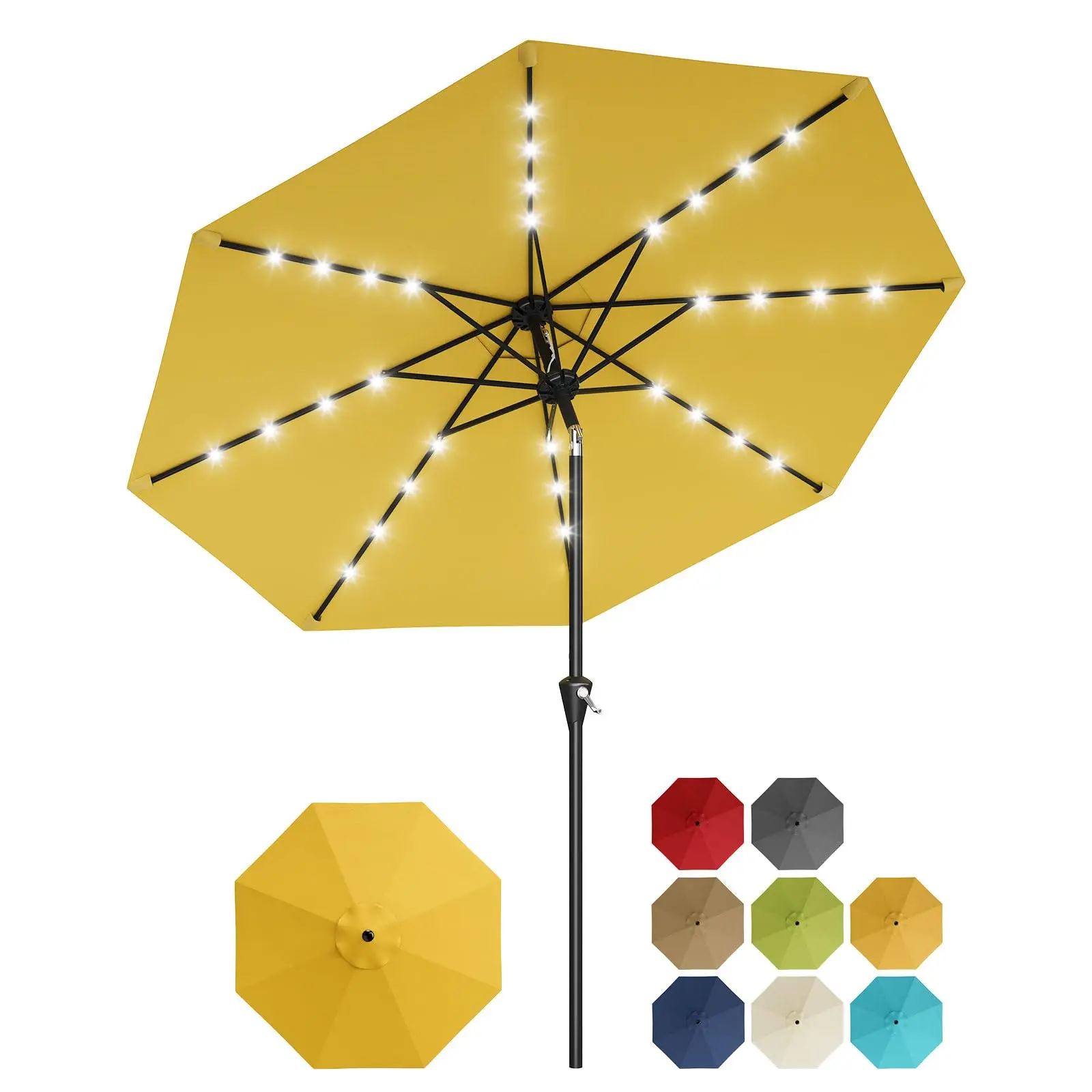 10FT Solar‑Powered Patio Umbrella with 32 LED Lights, UV‑Shield Waterproof Canopy, Crank Lift & Push‑Button Tilt, 8 Heavy‑Duty Ribs