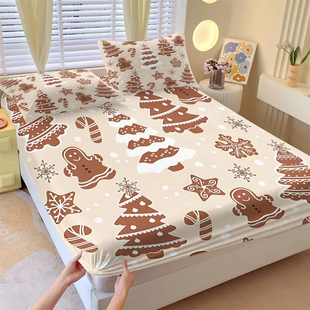 3Pcs Christmas Gingerbread Bedding Set, Holiday Fitted Sheet Set with Festive Xmas Tree & Snowflake Print, Soft Bed Sheets Set for Bedroom Decor, Cozy Winter Home Essentials No Fillers