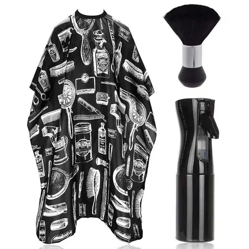 Set of 3 Hair Care Tools, Featuring Professional Hairdressing Items Such As a Styling Spray Bottle, a Hair Dust Brush, And a Salon Cape. These Barber Tools And Equipment Are of Salon Quality, Ideal for Professional Hair Salons And Barbershops