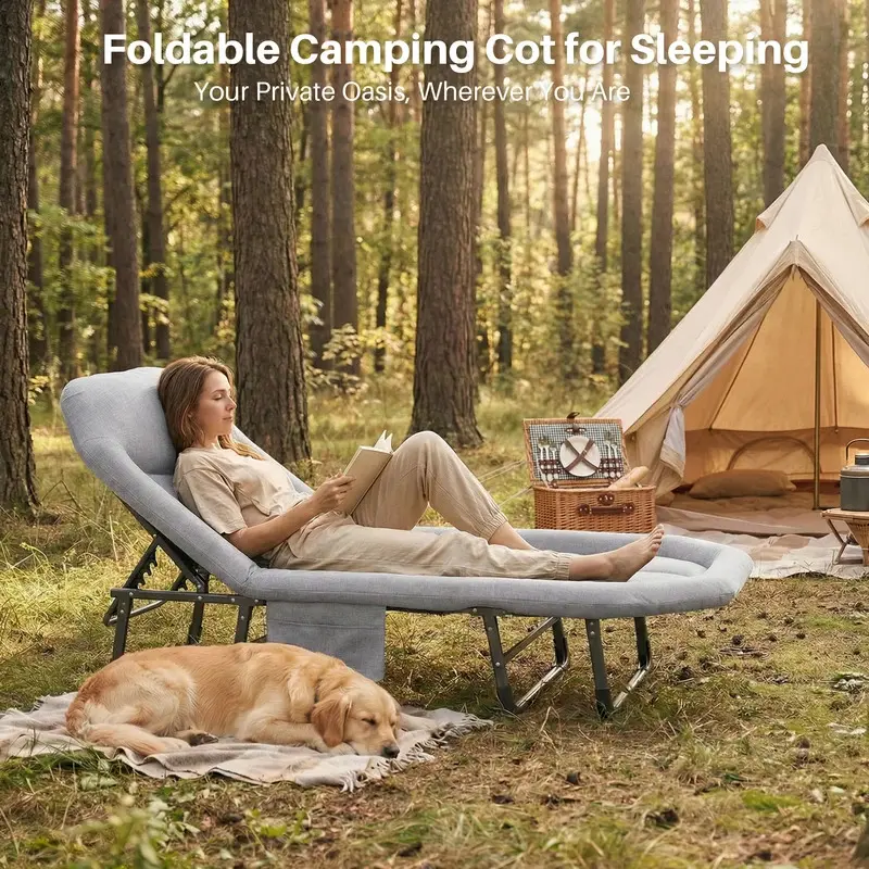 AobtkelAdjustable Folding Camping Bed with Mattress  Lightweight Camping Cot with Carry Bag 6 Angle Foldable Camping Bed for Camp Outdoor Supports 450 lbs
