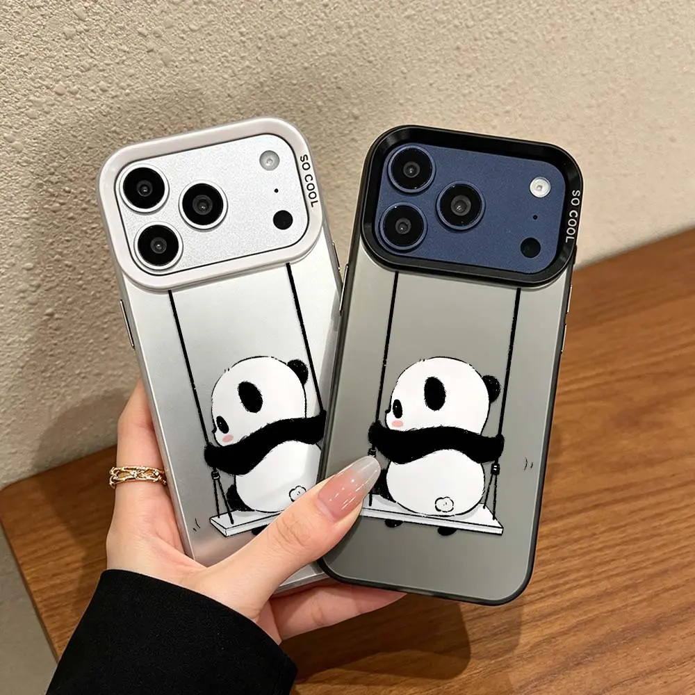 Cute Swing Panda IMD Printing Phone Case Compatible with All iPhone Models, Silver Matte Anti Fingerprint Shockproof Soft TPU Protective Cover with Raised Camera Frame Drop Resistant Cell Phone Shell for XR 7 8 X XS 11 12 13 14 15 16 Series