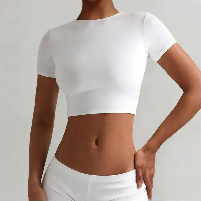 ASANDY Women's Crop Top, Minimalist Buttery-Smooth Fabric Tee, Double-Lined Short Sleeve Fitted Crew Neck, Basic Tops for Gym Workout Wear, Exercise Activewear, Gym Daily Wear, Fitness Workout Shirt, Casual Sporty Fitted, Athleisure Clothes, Athletic Trai