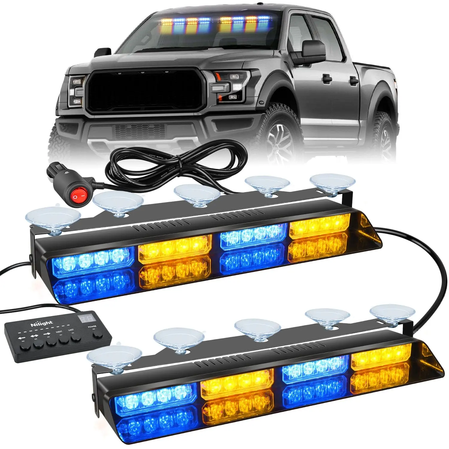 Nilight 32LED Amber-Blue Emergency Dash Strobe Light for Law Enforcement, 12V-24V Work Light Bar with Controller, Suction Cups, 12.8ft Wire, 1pcs